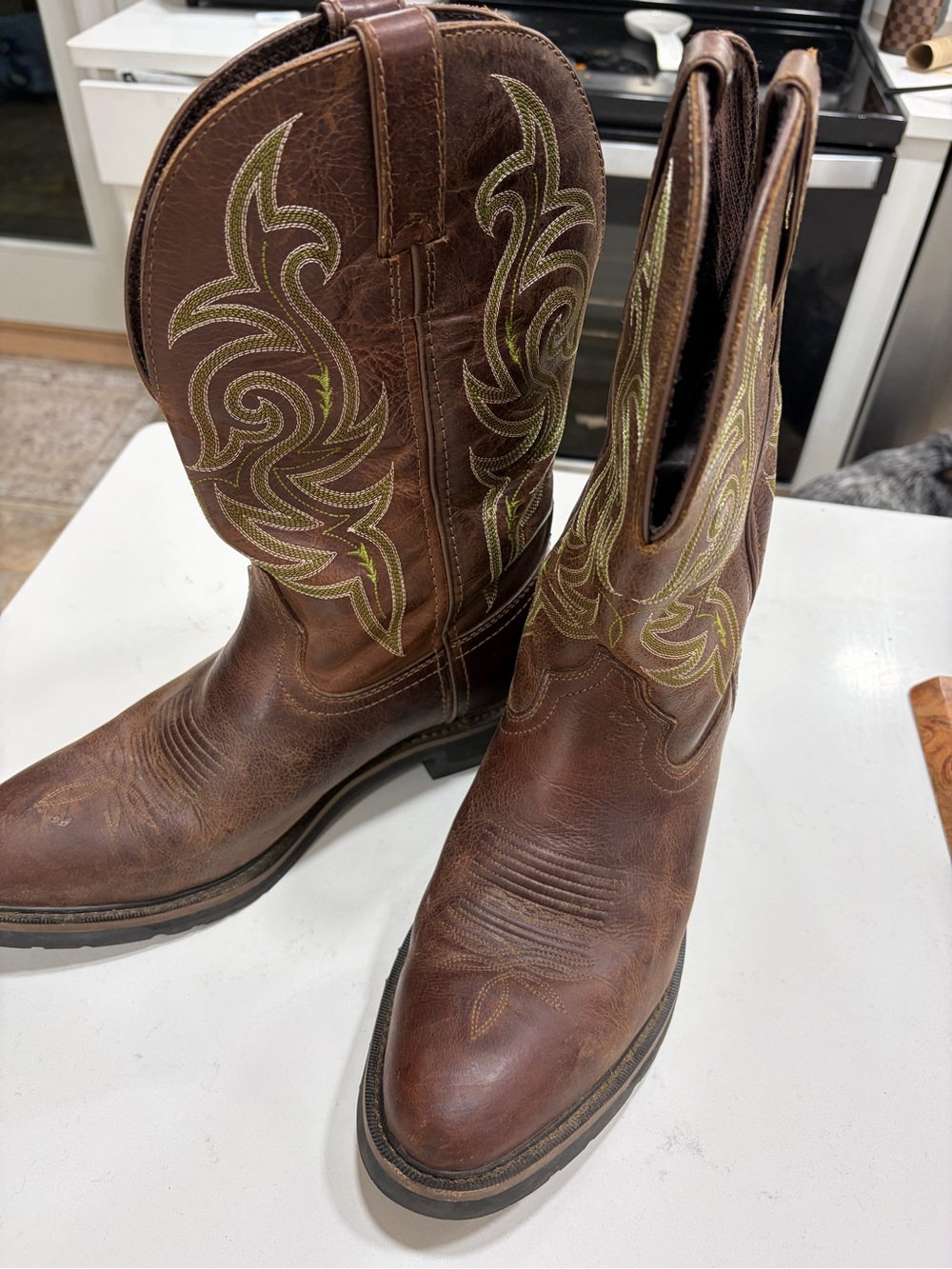 Justin Boots Brown Leather Cowboy Boots with Green Embroidery